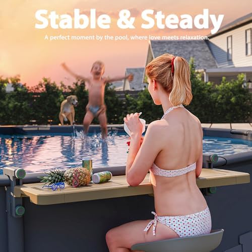 Poolside Bar, [Original] Swim Up Bar Exclusively for Above-Ground Round Pools. Patio Poolside Table Smart Fold Easy Maintenance, Weather Resistant Stable Tabletop (Amber Brown)