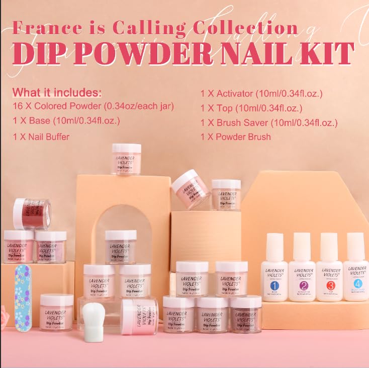 Lavender Violets 20 Pcs Dip Nails Powder Starter Kit -16 Colors Nude Skin Tones Neutral Acrylic Dipping Powder Liquid Set with Base Top Coat, Activator and Brush Saver for French Nail Art M962