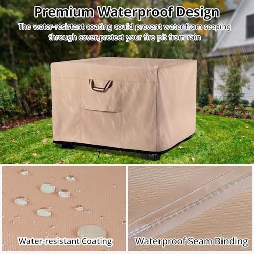 QH.HOME Fire Pit Cover Square-40-44 Inch Heavy Duty 900D Strong Tear-Resistant and UV Resistant and Waterproof and Fading Resistant Material Polyester Firepit Covers for Outdoor Fire Table-Wheat