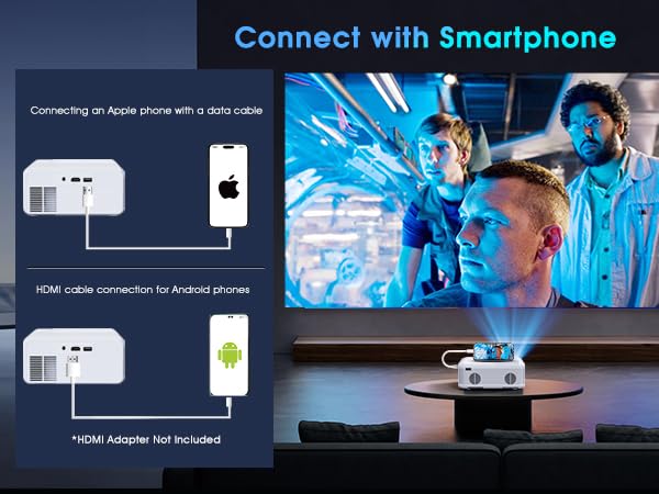 Mini Projector,4K Projector for Bedroom (Phone HDMI Cable And Stand Included),,200-Inch Large Screen, Compatible With Smartphones/TV Sticks/PS5/Laptops/PC/HDMI/USB, Indoor and Outdoor use