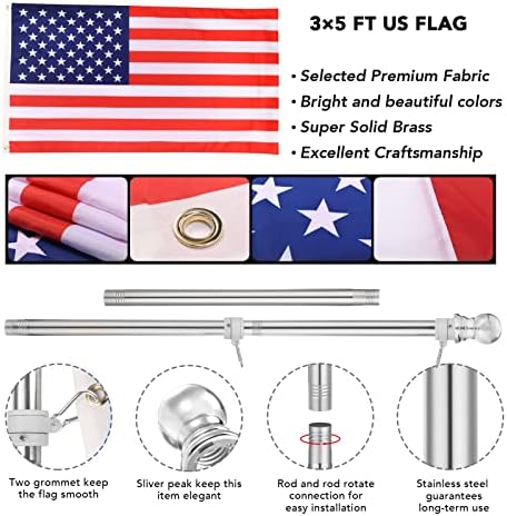 Flag Pole for House with 3x5 American Flag, 6 FT Wall Mount Flag pole with Bracket for Home Porch,Outdoor deco.Residential or Commerical Tangle Free Flag Pole Kit (Silver)