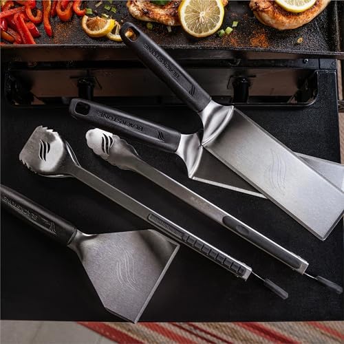 Blackstone 5464 Griddle Tool Kit Outdoor Indoor Grill BBQ Utensils Cooking Accessories-Heat Resistant– 2 Long Spatulas, 2 Angled Scraper Classic Tong, 1 (32oz) Squeeze Bottle, Black, Silver, White