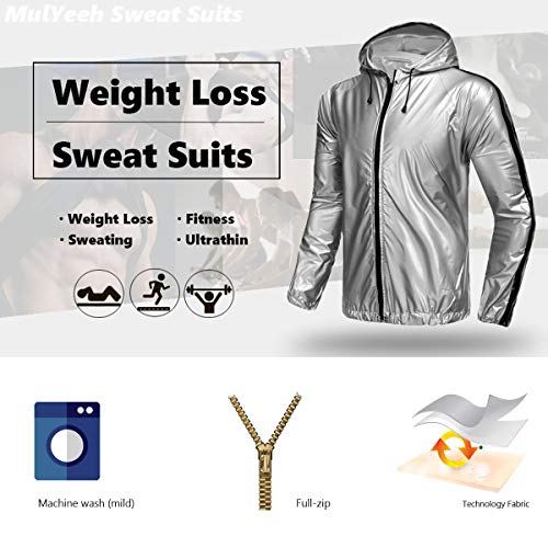 MulYeeh Weight Loss Sweat Suit Heavy Duty Full-Zip Sauna Suit Fitness Exercise Gym Top Pant with Hood for Men Women