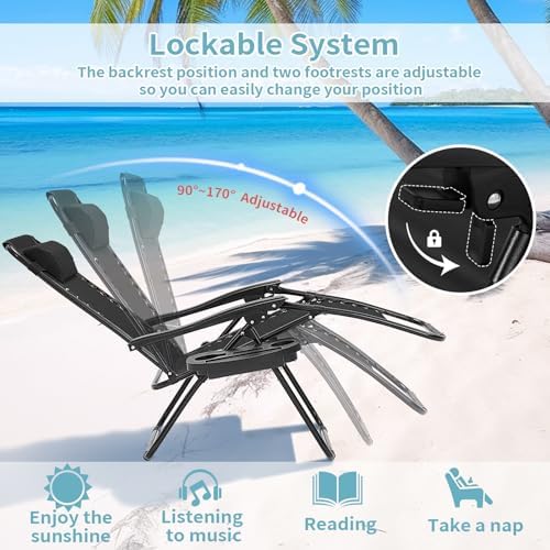 Zero Gravity Chairs Set of 2, 350lbs Capacity Folding Outdoor Patio Recliner with Adjustable Headrest & Cup Holder, Anti Gravity Chair for Backyard, Poolside & Lawn (Black)