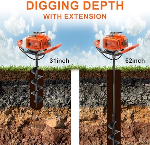 72CC Auger Post Hole Digger, 2 Stroke Gas Powered Earth Post Hole Digger with 3 Auger Drill Bits(4" & 6" & 12") + 2 Extension Rods for Farm Garden Plant, Orange (72cc+3 Auger(4"6"12")+2 Ext)