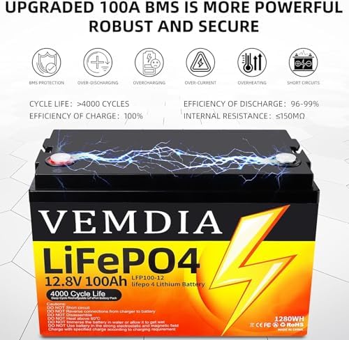 12V 100Ah LiFePO4 Lithium Battery, Group 31 Low-Temp Protection LiFePO4 Battery Built-in 100A Smart BMS, 15000 Deep Cycles Rechargeable Batterys Life Great for RVs, Solar, Wind Power, Home