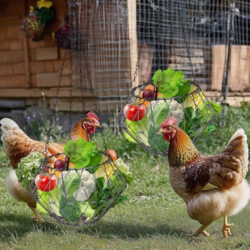 Hanging Chicken Feeder, Foldable 6.5inches Large Poultry Vegetable Fruits Feeder Basket with 17inches Hanging Chain, Veggie Treat Ball Boredom Toys for Chicken/Hens/Duck/Rabbit Coop, 2 Pack