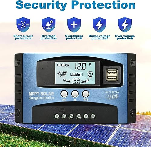 100A MPPT Solar Charge Controller, 12V/ 24V Solar Panel Battery Intelligent Regulator with Dual USB Port, LCD Display and Timer Setting ON/Off Hours