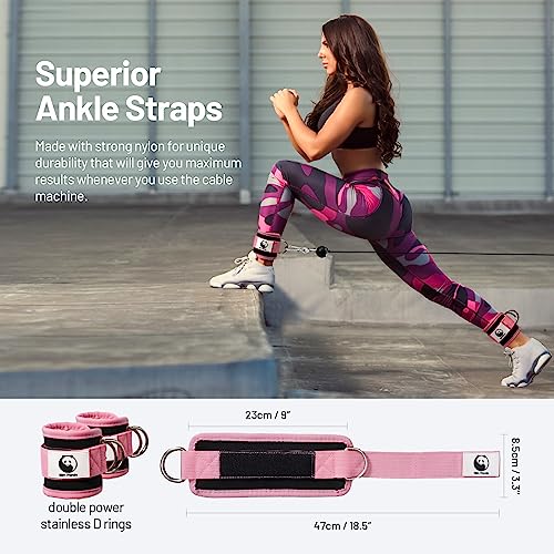 Slim Panda Ankle Strap for Cable Machine,Ankle Cuff for Kickbacks, Booty Hip Abductors,Glute Workouts, Leg Extensions, Curls for Men and Women, Adjustable with Double D-Rings (Pair, Pink)