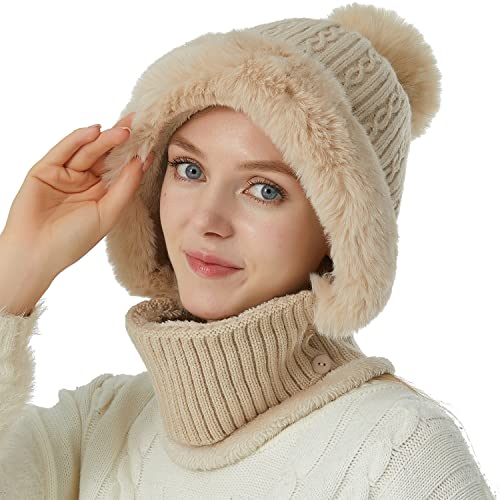 HUAMULAN Women Winter Knit Balaclava One Piece Skull Beanie Hat Neck Circle Scarf Set Ski Snow Slouchy Earmuff Pompom Hats