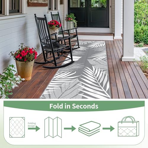 GENIMO Outdoor Rug 2.5' x 8' Waterproof for Patios Clearance, Reversible Outdoor Plastic Straw Hallway Runner Rug Carpet, Entryway Rugs Mats for Deck, Porch, Balcony, Camping, RV, Camper, Grey&White