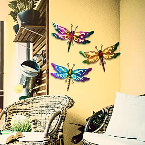 Dragonfly Garden Decor, 3 Pack Colorful Metal Dragonfly Wall Decor, Outdoor Decor Art for Patio, Yard, Fence, Garden, Outside, Backyard, Balcony