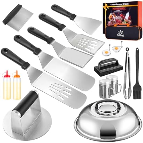 Griddle Accessories for Blackstone with Smashed Burger Press,19Pcs Griddle Accessories kit for Hibachi, Enlarged Grill Spatula, Salt and Pepper Shakers, Grill Black Tools Set