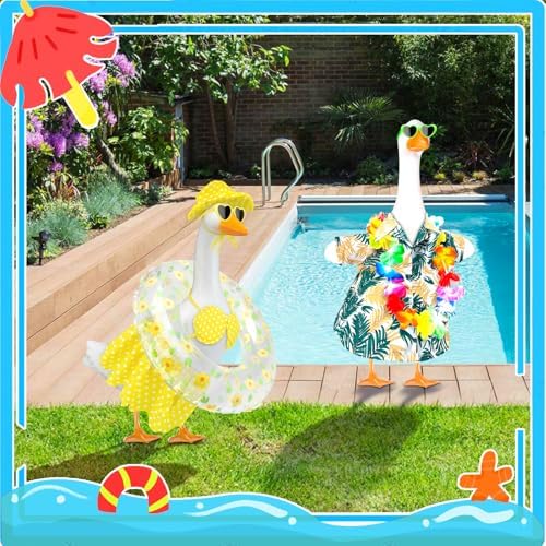 Hawaiian Goose Outfit with Sunglasses & Wreath,Porch Goose Outfits for 23" 17" Cement Plastic Goose Clothes Costumes,Garden Decor Goose and Duck Costume for Outdoor Statues(Bikini)