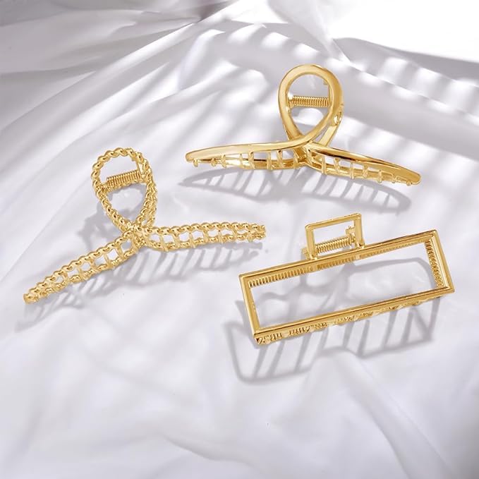 3pcs Metal Gold Large Hair Claw Clips for Women, Geometric Cross Square Jumbo Catch Barrette Clamps Clips for Thick Thin Hair, Fashion Aesthetics Hair Accessories Hairgrip Gifts