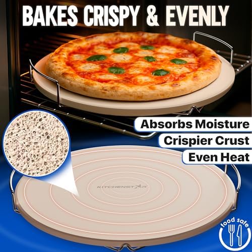 KitchenStar 16-inch Pizza Stone for Oven and BBQ Grill with Handles, Round, 5/8" Thick - Natural Cordierite, 1800 °F Resistant, Baking Stone Set with Stainless Steel Rack & Plastic Scraper Tool