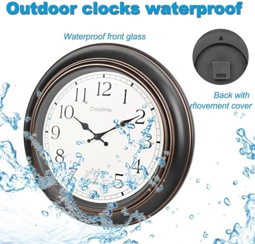 Large Outdoor Clock Waterproof 18" - Retro Indoor Outdoor Wall Clocks with Thermometer for Patio Pool Garden Living Room Decor,Bronze