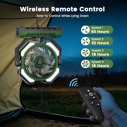 20000mAh Portable Misting Fan, USB Rechargeable Camping Fan with LED Light, Personal Battery Operated for Outdoor, Tents, Beach, Travel - 250mL Water Tank & Hook Included, Green.