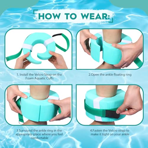 RoundFunny 2 Pcs Foam Swim Aquatic Cuffs Equipment Water Aerobics Float Ring with Detachable Hook and Loop Fastener Fitness Workout Set for Swimming Fitness Training Pool Exercise (Aquamarine)