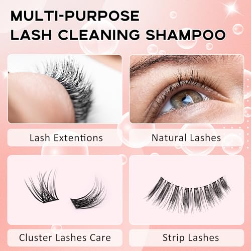 150ml Lash Shampoo for Lash Extensions, Eyelash Extension Cleanser Lash Cleaning Kit for Cluster Lashes with Fan+Makeup Pad+Cleaning Brush+100 Pcs Lash Brush+Wash Bottle, Oil Free Foam