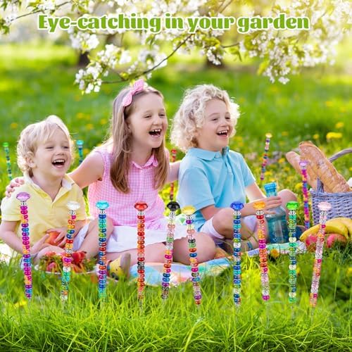 230 Pcs Beaded Garden Stakes, DIY Fairy Wand Garden Stake Beads Kits with 200 Colorful Assortment Round Large Hole Beads with 10 Crystal Stopper Top, 10 Threaded Rod and 10 Nuts for Outdoor Decoration