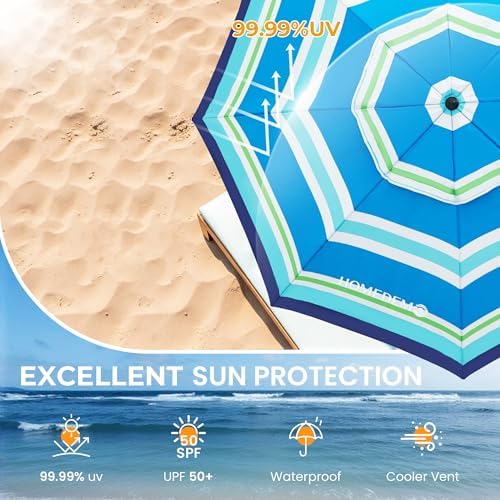 HOMEDEMO Heavy Duty High Wind Beach Umbrella with Sand Anchor,Built-in Table Tray & Tilt Pole&Hook& Curtain, UPF 50+ Windproof Portable Beach Umbrella for Patio Garden Pool Backyard