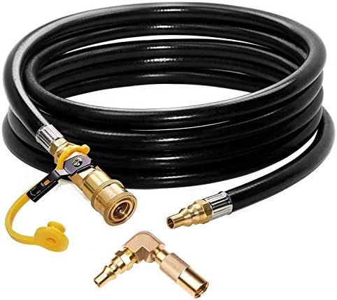 DOZYANT 12ft RV Propane Quick Connect Hose with Elbow Conversion Fitting for Blackstone 17inch and 22inch Table Top Griddle - 1/4 inch Safety Shutoff Valve & Male Full Flow Plug