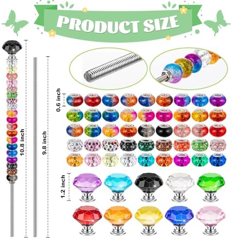 230 Pcs Beaded Garden Stakes, DIY Fairy Wand Garden Stake Beads Kits with 200 Colorful Assortment Round Large Hole Beads with 10 Crystal Stopper Top, 10 Threaded Rod and 10 Nuts for Outdoor Decoration