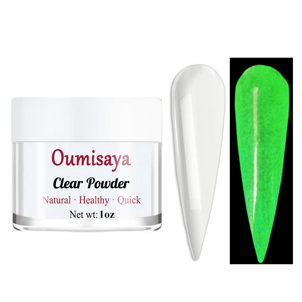 OUMISAYA Glow in the Dark Clear Nail Dip Powder 1OZ Semi Transparent Top Coat Powder for nail arts