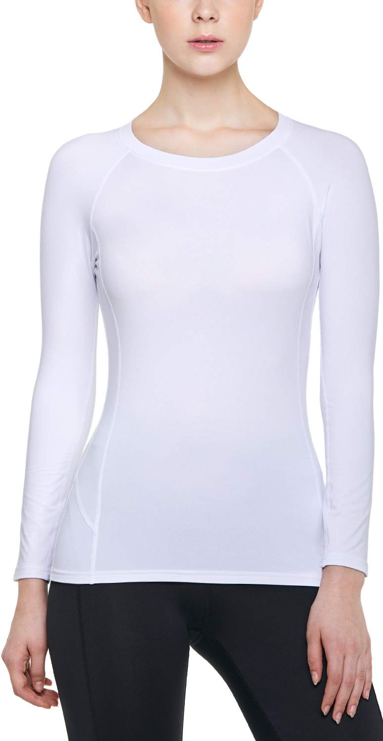 ATHLIO Women's Thermal Long Sleeve Tops, Winter Fleece Lined Crew Neck Shirts, Lightweight Compression Base Layer, 3pack Shirts White/White/White, Large