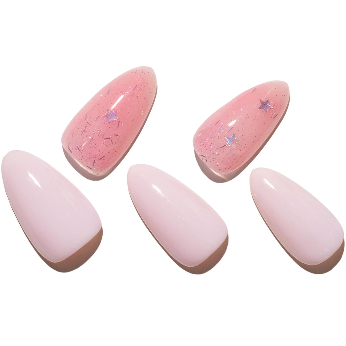GLAMERMAID Light Pink Press on Nails Medium Almond, Natural Glitter Pink Crush Nails, Stiletto Fake Nails With Stars, Short Oval Stick Glue on Nails Tips for Women, Reusable Acrylic False Nail Kits