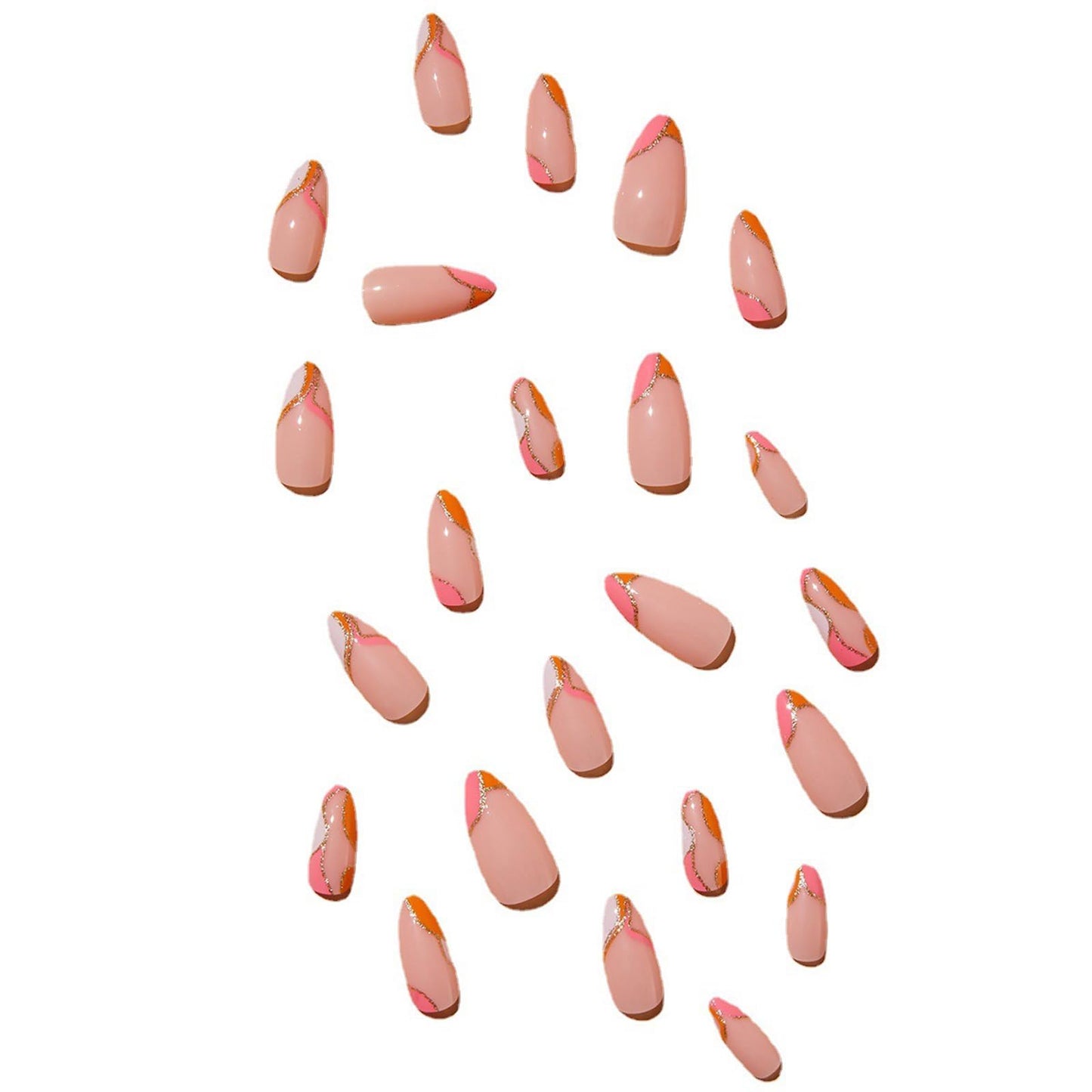 Orange Press on Nails Medium Almond Fake Nails False Nails with Design Gold Glitter Swirl Wave Acrylic Glue on Nails Artificial Glossy Stick on Nails for Women Girls Manicure Decoration 24Pcs