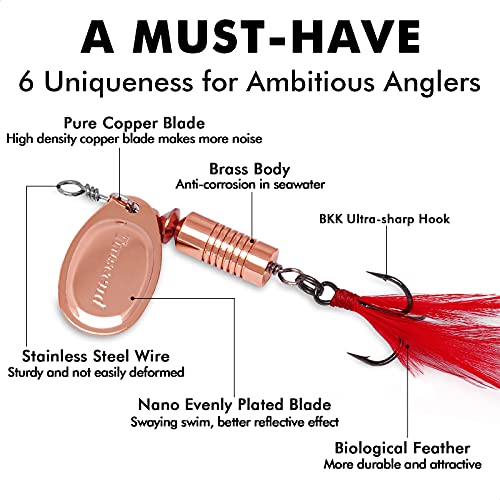 TRUSCEND Well-Made Rooster Tail Fishing Lures with Flash Copper Body and Blade, Two-Way Spinning Spoons System Fishing Spinners for Jigging, Freshwater Crappie Jigs, Blade Bait for Bass Trout Walleye