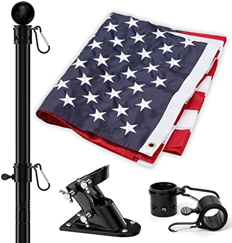 American Flag and 6ft Heavy Duty Flag Pole Kit for House Outside - 3x5 Embroidered USA Flag, Tangle Free Steel Black Pole With Bracket for Residential, Commercial, Outdoors Garden