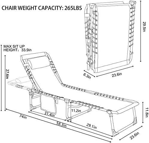 Foldable Chaise Lounge Chair with Detachable Pillow & Pocket, Outdoor Portable Tanning Chair with 4 Position Adjustable Back, Patio, Beach and Pool, Black