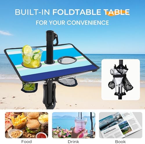 HOMEDEMO Heavy Duty High Wind Beach Umbrella with Sand Anchor,Built-in Table Tray & Tilt Pole&Hook& Curtain, UPF 50+ Windproof Portable Beach Umbrella for Patio Garden Pool Backyard