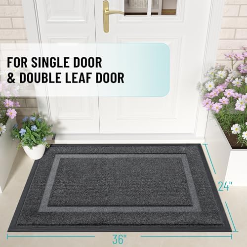 OLANLY Front Door Mat Indoor Outdoor Entrance, Waterproof All-Season, All-Weather Doormat, Sturdy Natural Rubber, Fade Resistant, Low Profile, Easy Clean Patio Porch Entryway Mat, 36x24, Grey