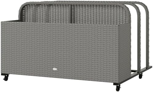 Outsunny Wicker Patio Pool Float Storage Basket, PE Rattan Outdoor Pool Caddy with Rolling Wheels for Floaties, Noodles, Life Vests, Beach Balls, Toys, Patio Furniture, Mixed Gray