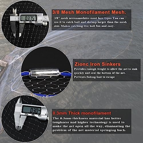 Drasry Saltwater American Fishing Cast Net 3/8inch Mesh Size for Bait Shrimp Trap Fish Heavy Duty Sinkers Throw Net 3FT to 12FT Radius 3FT Radius