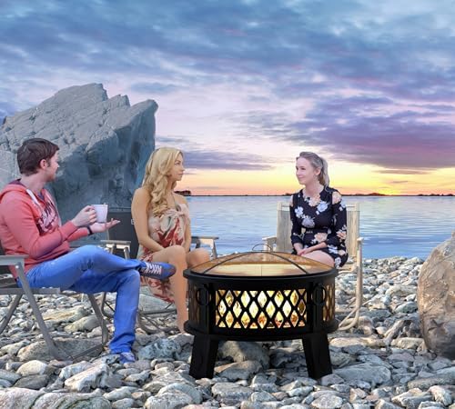 Fire Beauty 26" Steel Fire Pit with Grill & Diamond Mesh Design,360° Airflow Tech for 80% Less Smoke,XL Flames,Heavy-Duty Portable Outdoor Fire Bowl for Camping, Backyard, Beach (22lbs, 4 Handles)