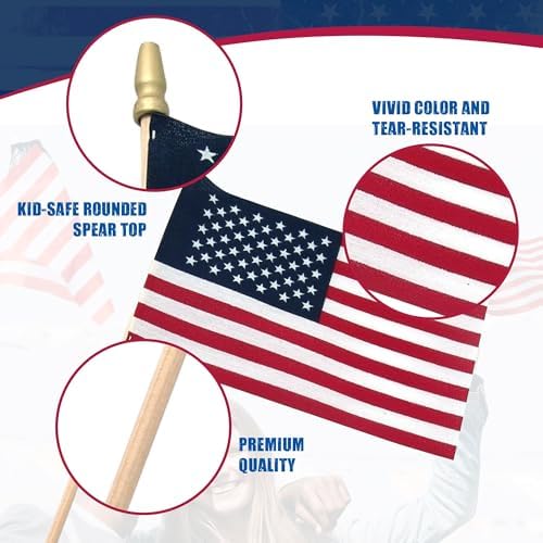Super Tough Small American Stick Flags 1’x1.5’ | Cotton Outdoor Flag on 2.5’ Wooden Stick | Mini Flags Patriotic Decor for Various Holiday Parties and National Flag Day | 25 Pack