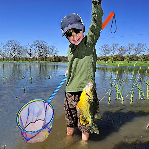 PLUSINNO Kids Fishing Net, Landing Net with Carbon Fiber Telescopic Pole Handle and Ultralight Aluminum Alloy Ring, Catch and Release Butterfly Net for Kids