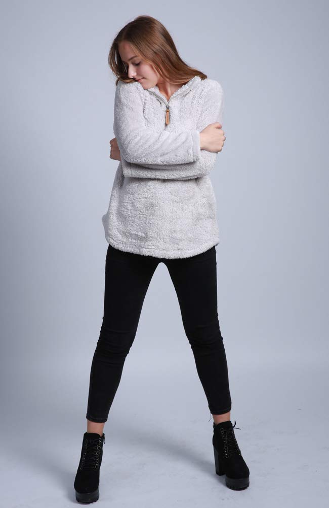 FOURSTEEDS Women's Fuzzy Fur Sherpa Lined Warm Winter Pullover Thermal Sweatshirt Tunic Tops Light Gray XS