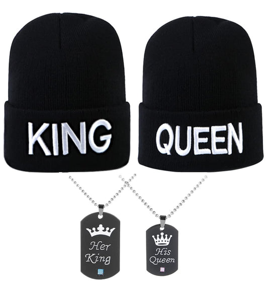 YIQAUMA King and Queen Beanies Couple Skullies Knit Hats with Queen King Necklaces (Black), One Size