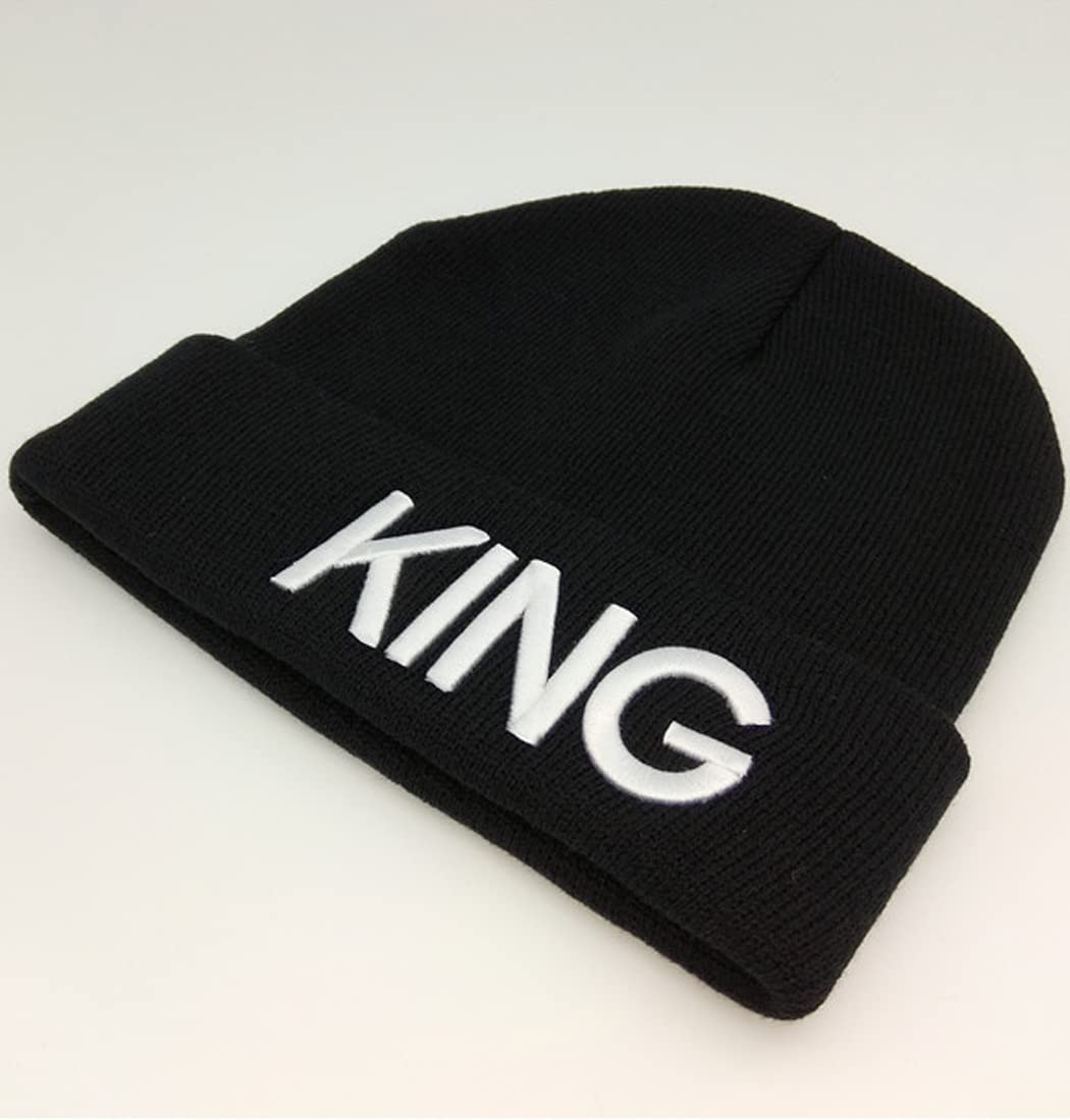 YIQAUMA King and Queen Beanies Couple Skullies Knit Hats with Queen King Necklaces (Black), One Size