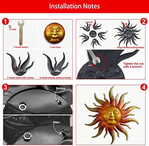 Metal Sun Wall Art Decor-17.3 inches Rustic Retro Metal Sun Hanging Decoration for Indoor Outdoor,Gift for Mom Dad Friends(Gold)