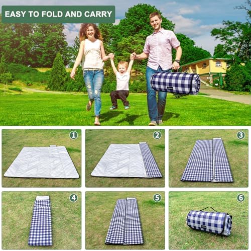 Picnic Blankets Outdoor Blanket Waterproof, 80''x80'' Extra Large Beach Blanket Sandproof Foldable Machine Washable, Vintage Gingham Picnic Mat Grass Lawn Park Family Camping Party Music Festival