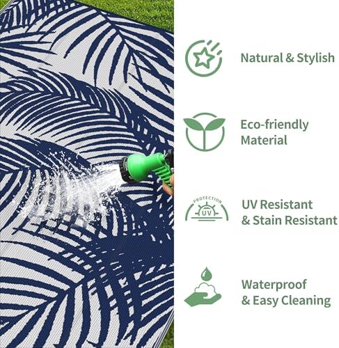 GENIMO Outdoor Rug 5' x 8' Waterproof for Patio Clearance, Reversible Plastic Straw Camping Carpet, Lightweight Mats for Rv, Backyard, Deck, Porch, Picnic, Beach, Balcony, Blue & White