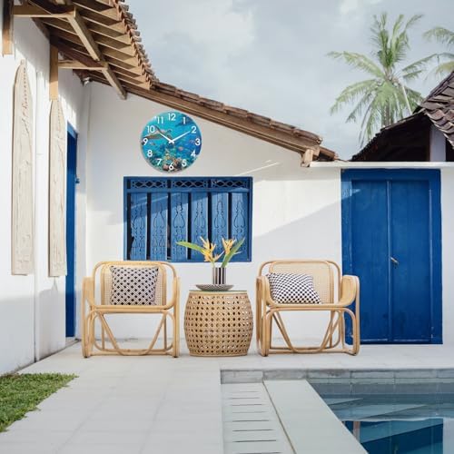 Outdoor Clock Waterproof - Nautical Ocean Decor Indoor Outdoor Wall Clocks for Patio Pool Garden Bathroom Home - Blue 12 Inch Glass, Sea Turtle Underwater Theme