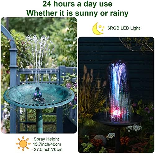 24-Hours Working Bird Bath Fountains Electric, Adjustable Quiet Water Fountain Pump with LED Lights for Garden,Small Fish Tank, Pond,Water Features - 7 Nozzles,16.4Ft Power Cord